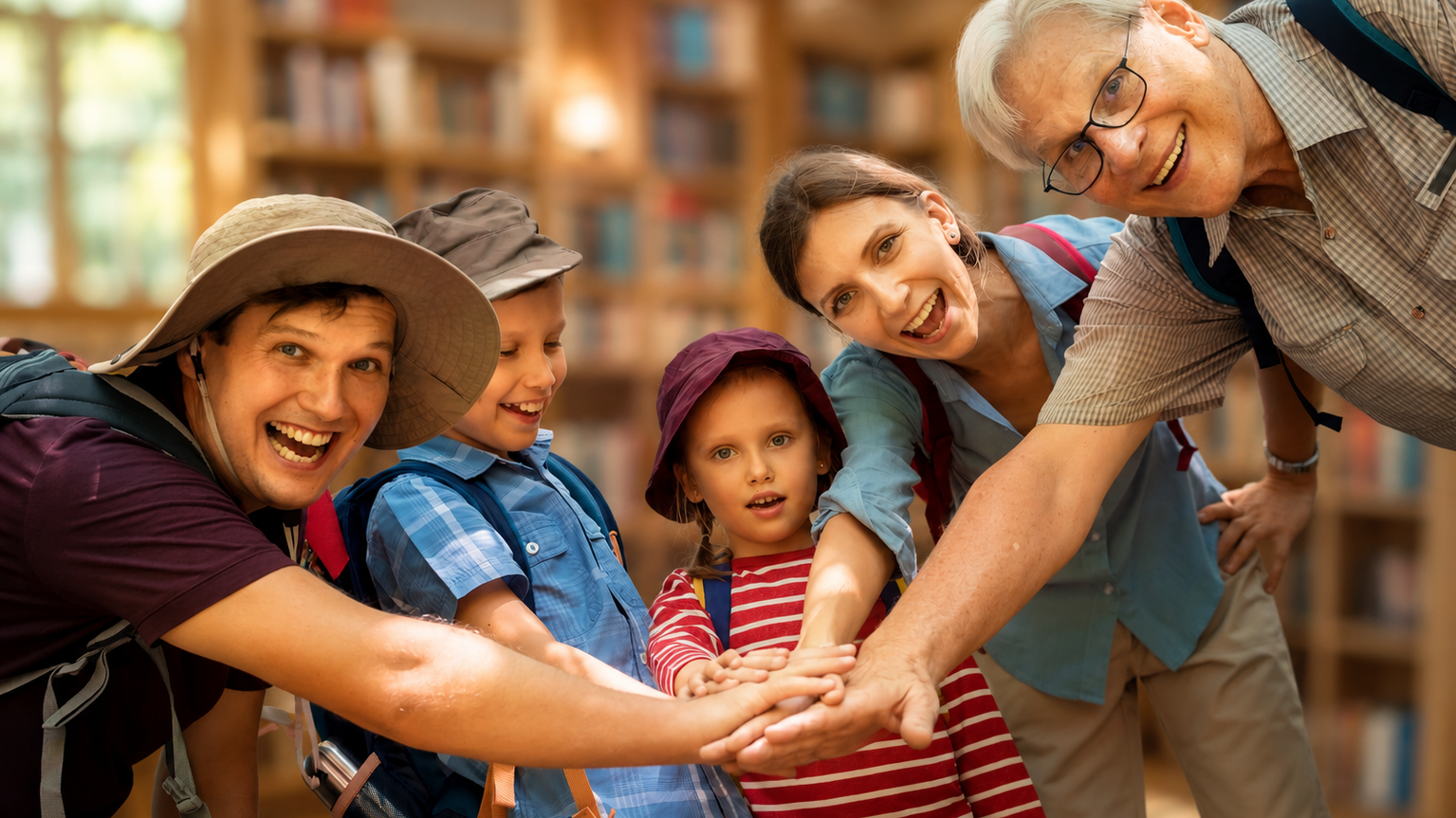 Foto de familia en biblioteca