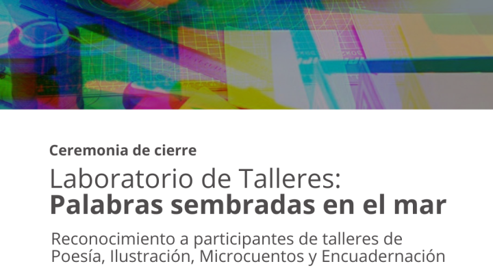 Afiche de cierre de talleres “Palabras sembradas en el mar” con fecha y lugar en la Biblioteca Regional de Los Lagos.