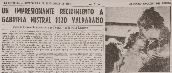Fotografía de prensa sobre recibimiento a Gabriela Mistral en Valparaíso